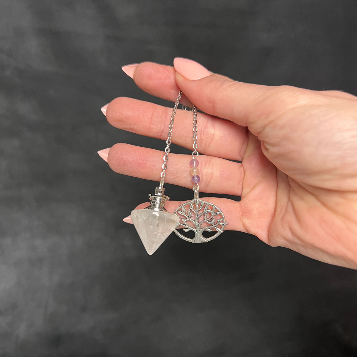Clear quartz, fluorite and tree of life conical dowsing pendulum Baguette Magick