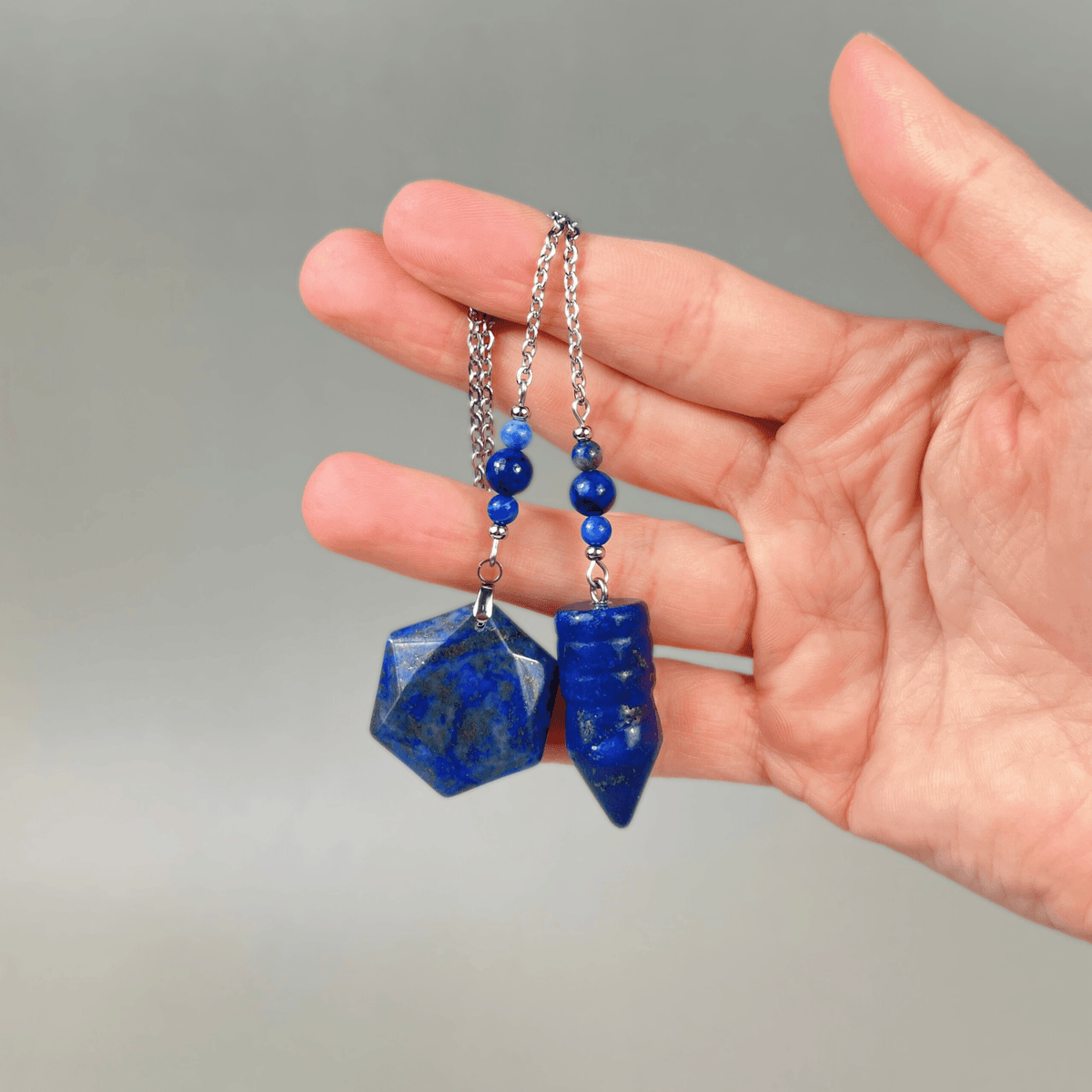 Bullet-shaped Lapis Lazuli pendulum, with a hexagonal gem