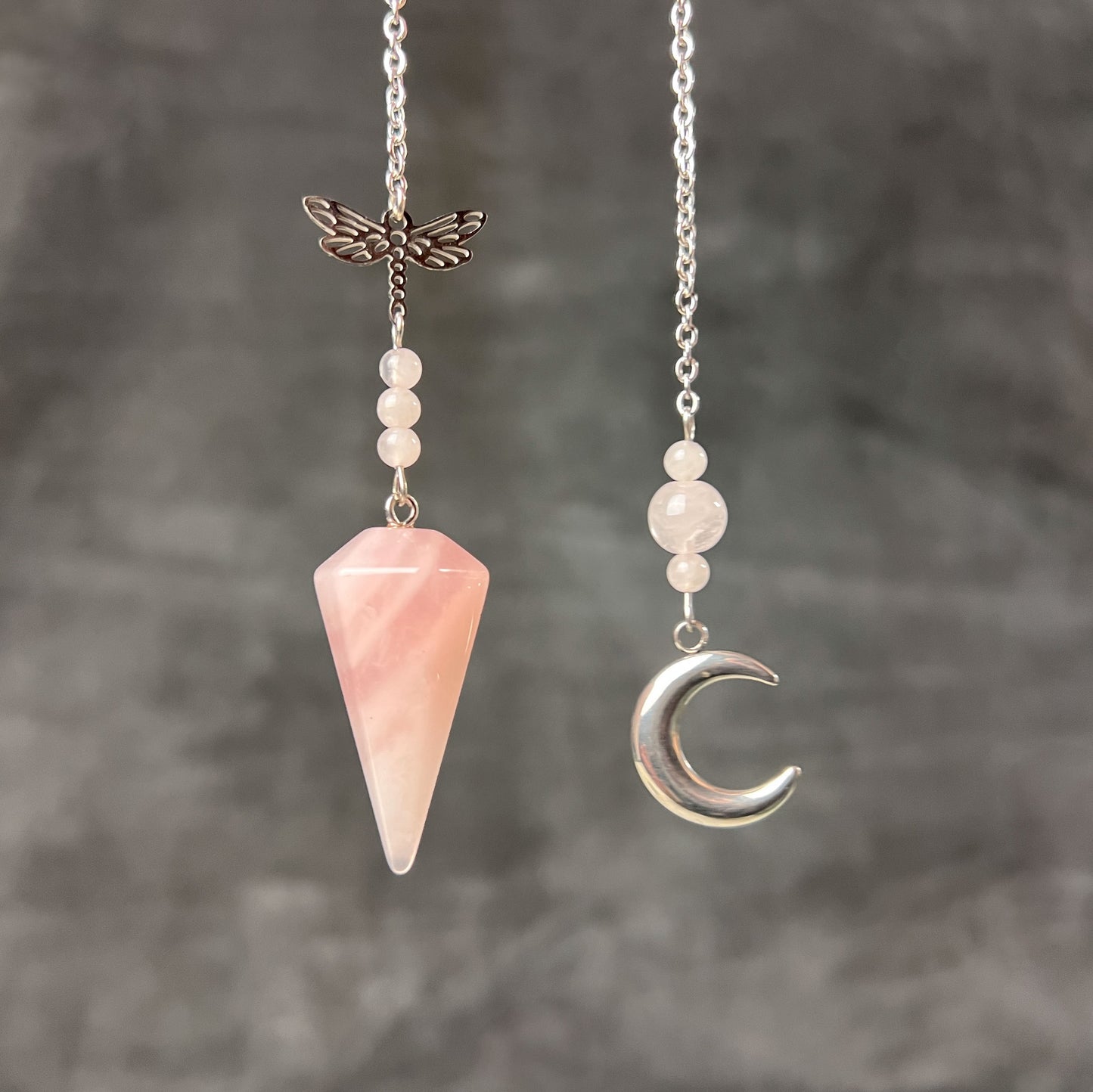 Rose quartz, stainless steel, Dragonfly and Moon crescent pendulum Baguette Magick