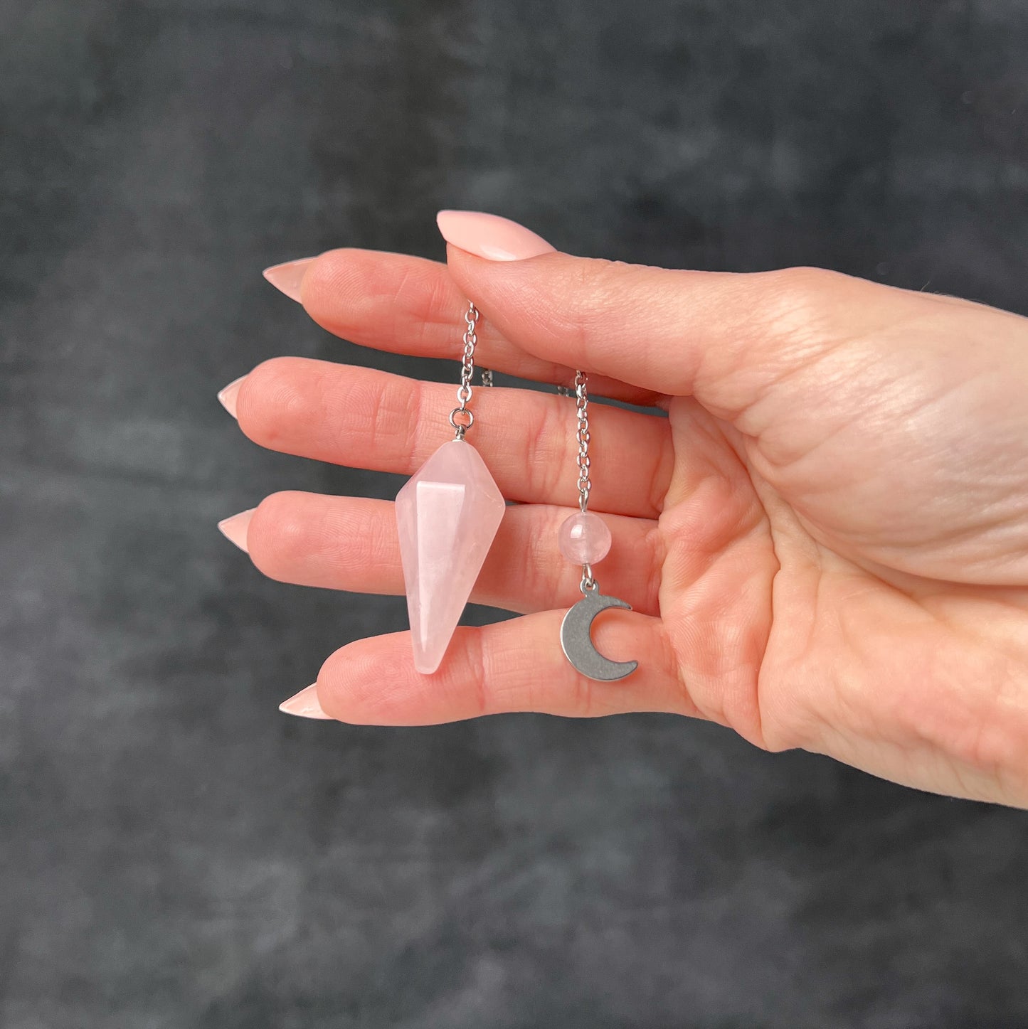 Stainless steel Rose quartz and crescent moon pendulum Baguette Magick