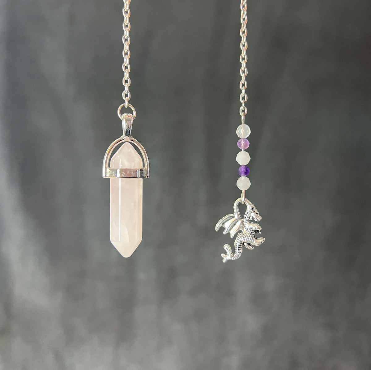 Rose quartz and amethyst dragon dowsing pendulum Baguette Magick