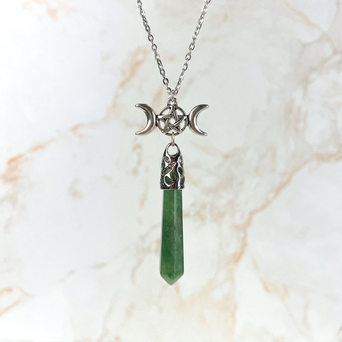 Aventurine and pentacle triple Moon pagan pendulum necklace Baguette Magick