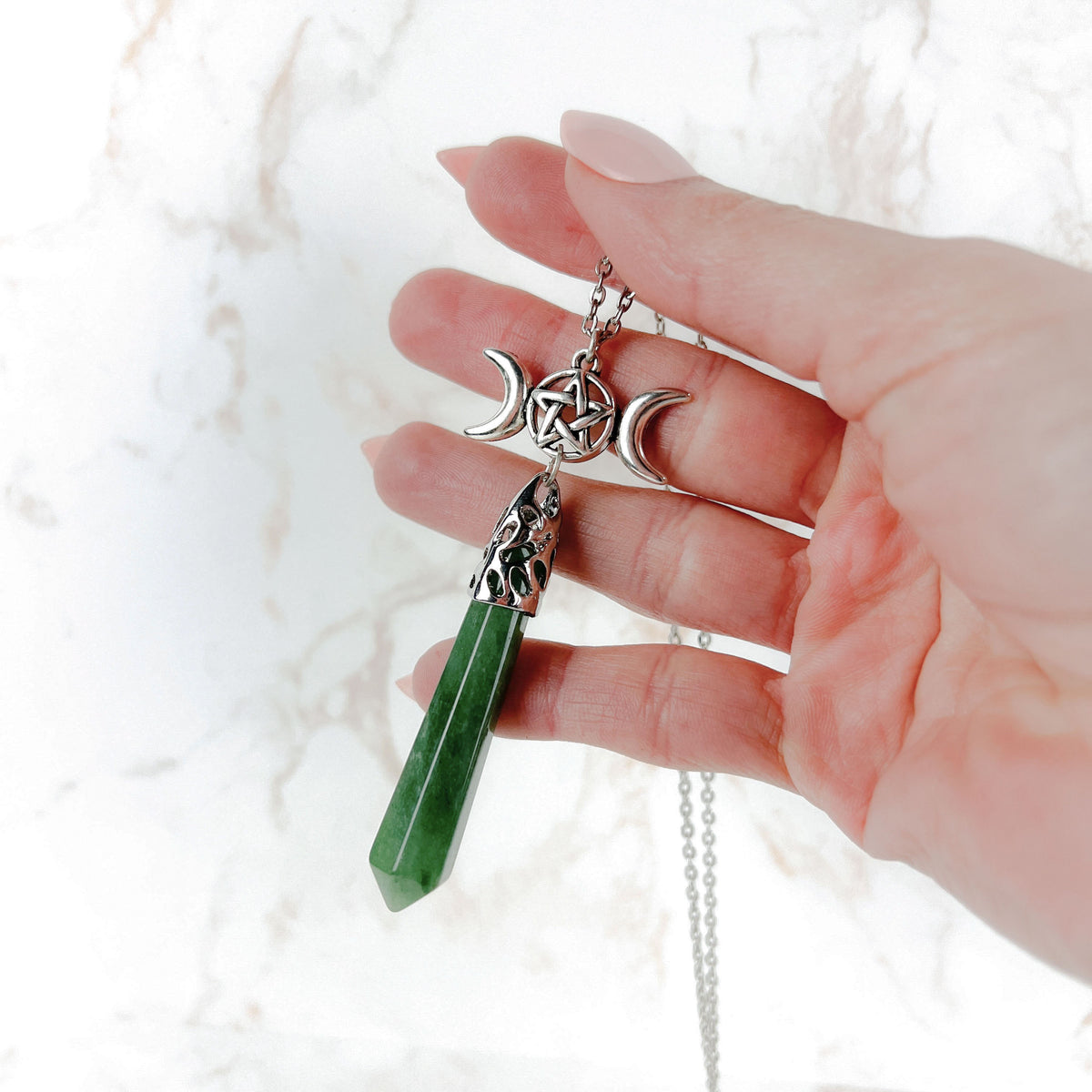 Aventurine and pentacle triple Moon pagan pendulum necklace Baguette Magick