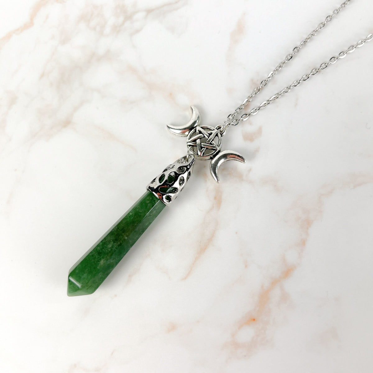 Aventurine and pentacle triple Moon pagan pendulum necklace Baguette Magick