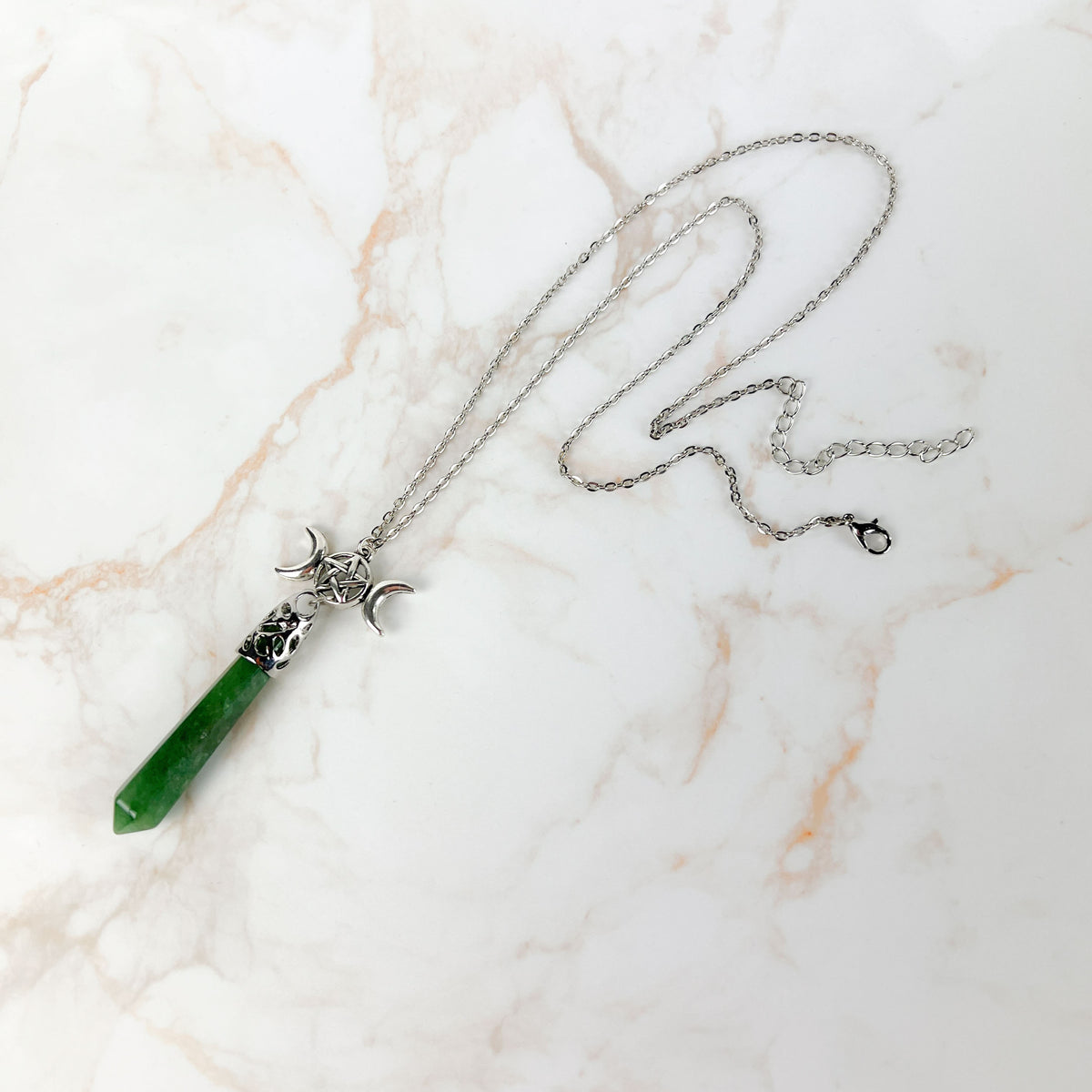 Aventurine and pentacle triple Moon pagan pendulum necklace Baguette Magick