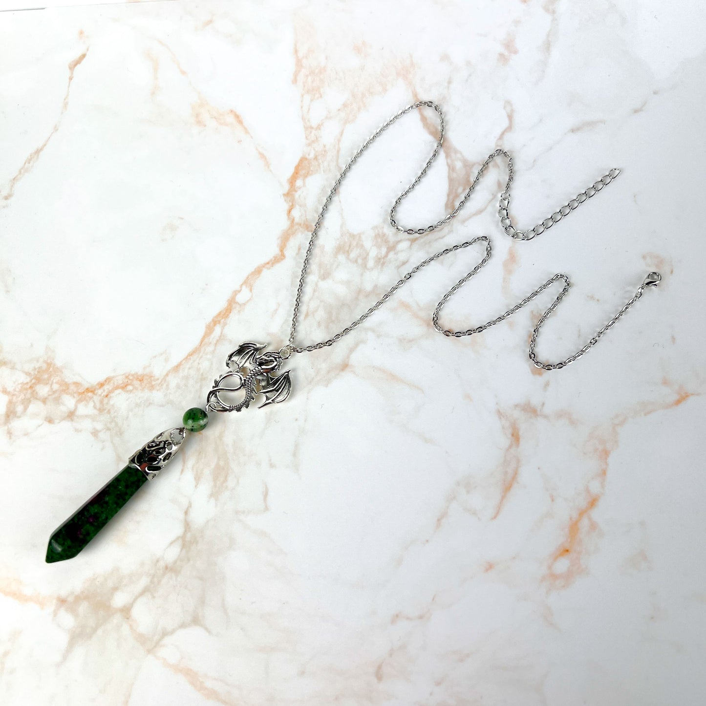 Dragon and Ruby Zoisite Anyolite pendulum necklace Baguette Magick