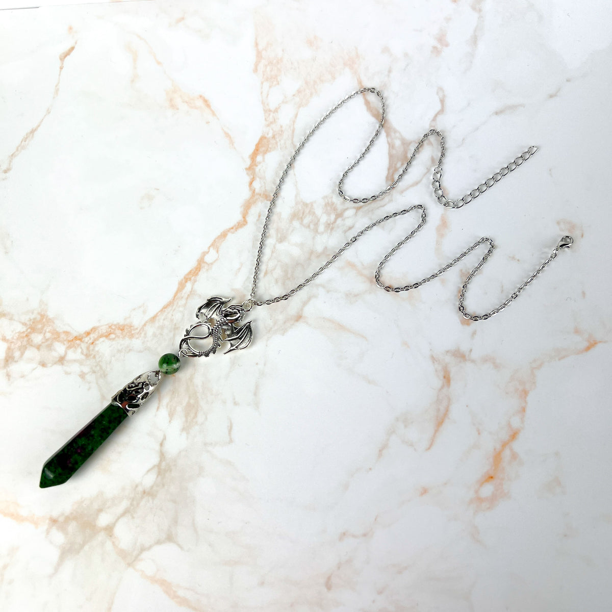 Dragon and Ruby Zoisite Anyolite pendulum necklace Baguette Magick