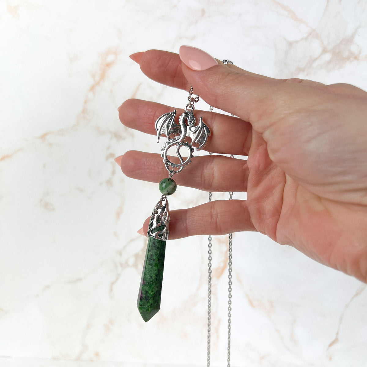 Dragon and Ruby Zoisite Anyolite pendulum necklace Baguette Magick