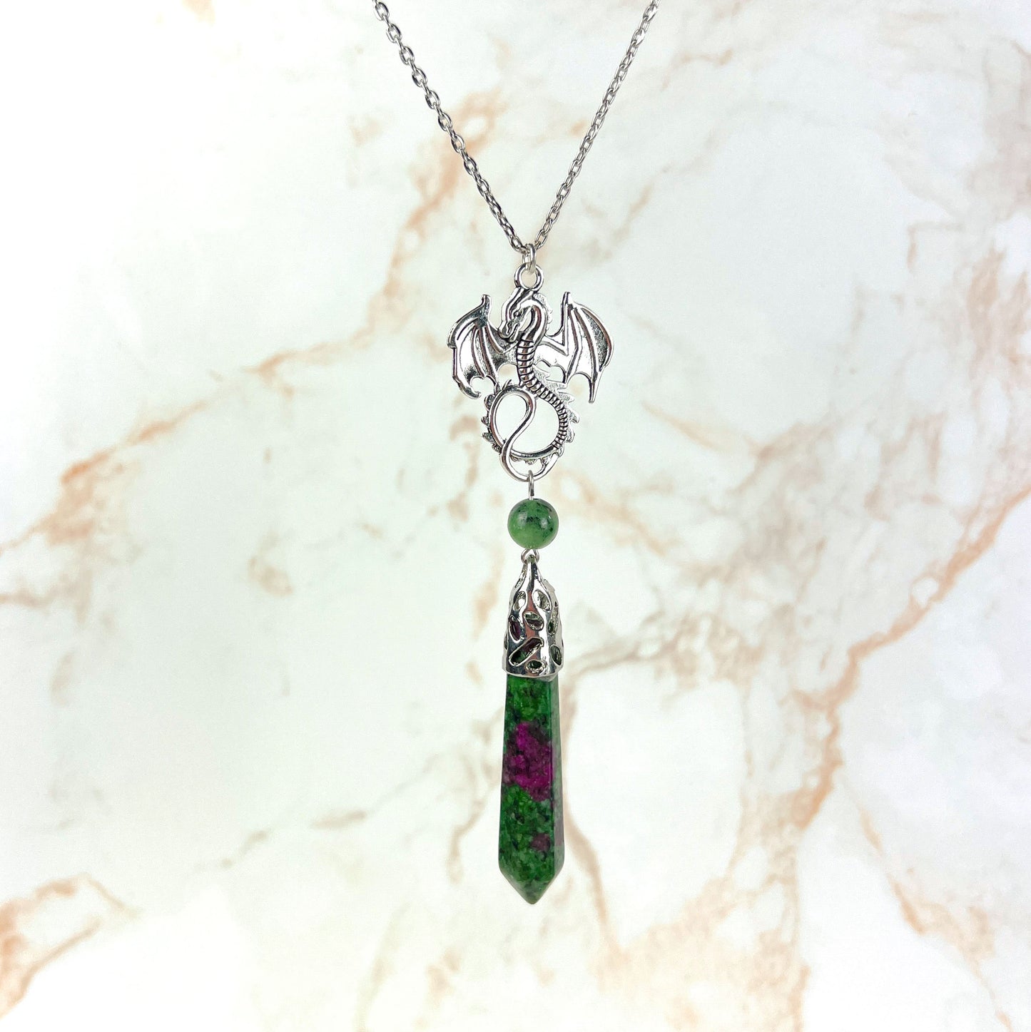 Dragon and Ruby Zoisite Anyolite pendulum necklace Baguette Magick