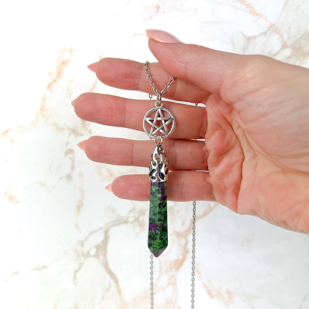 Ruby in Zoisite Anyolite crystal and pentacle divination necklace Baguette Magick