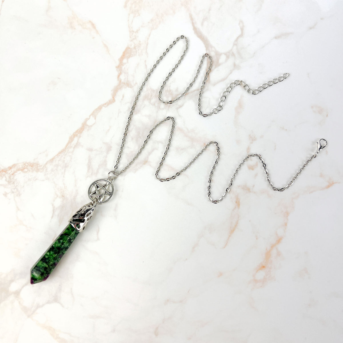 Ruby in Zoisite Anyolite crystal and pentacle divination necklace Baguette Magick