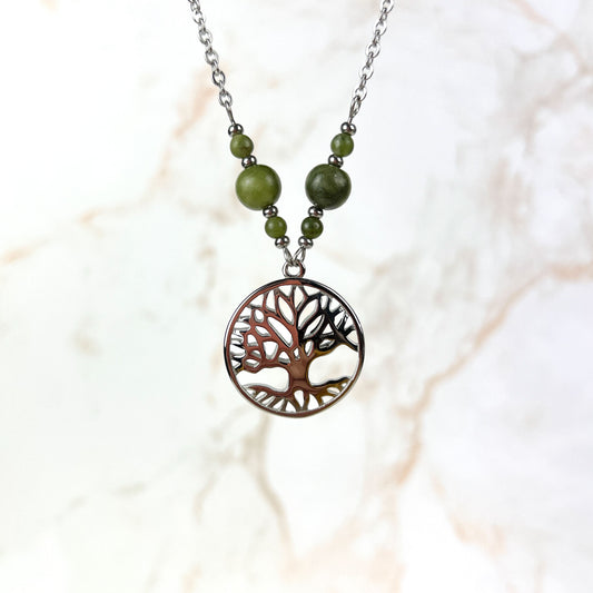 Tree of life pendant necklace, Green Jade beads and stainless steel Baguette Magick
