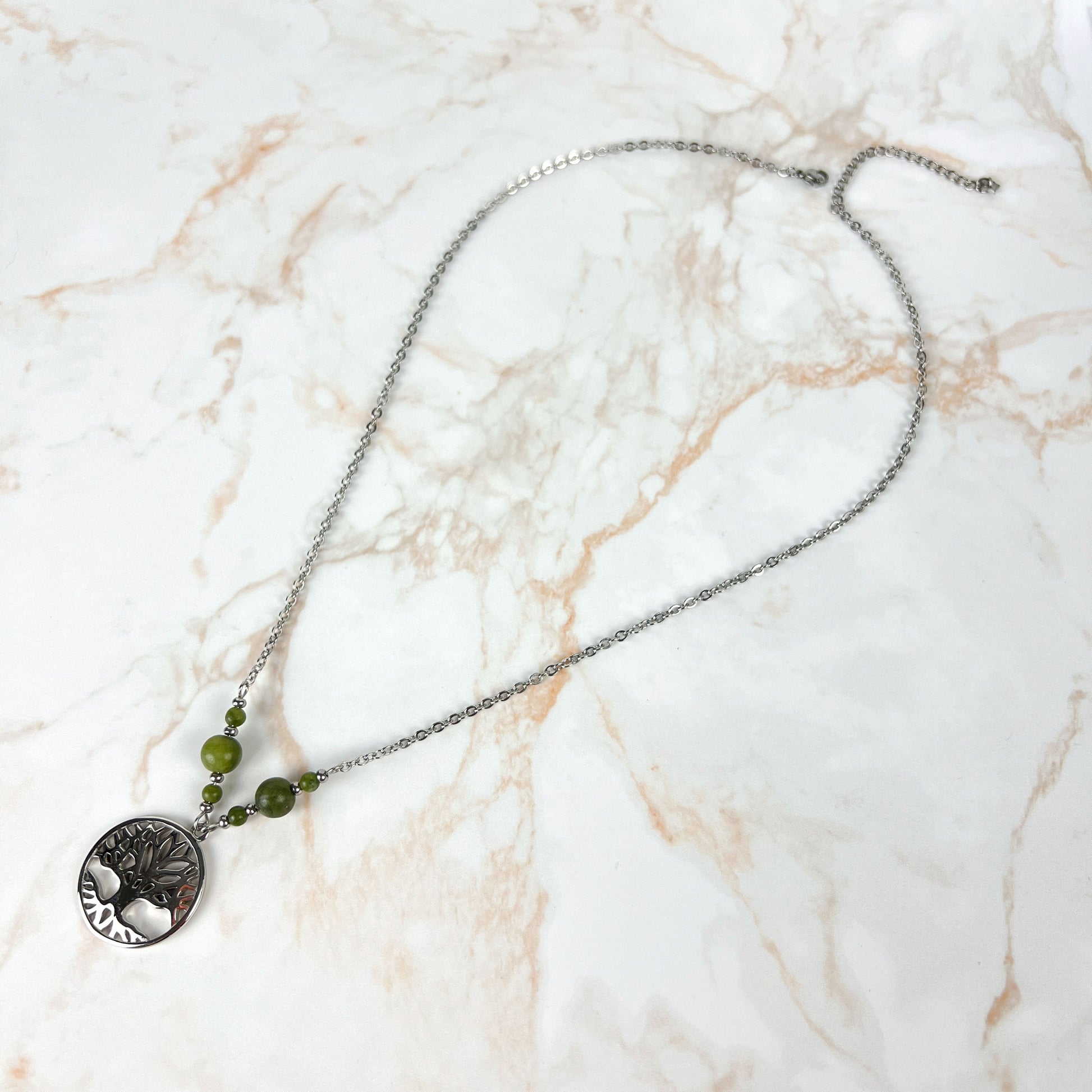 Tree of life pendant necklace, Green Jade beads and stainless steel Baguette Magick