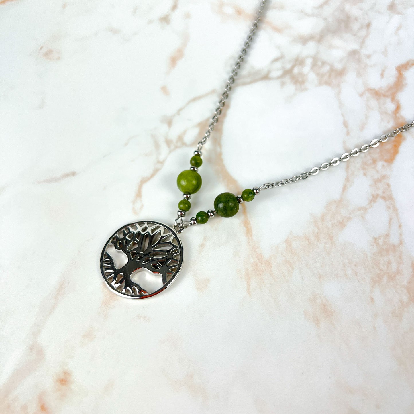 Tree of life pendant necklace, Green Jade beads and stainless steel Baguette Magick