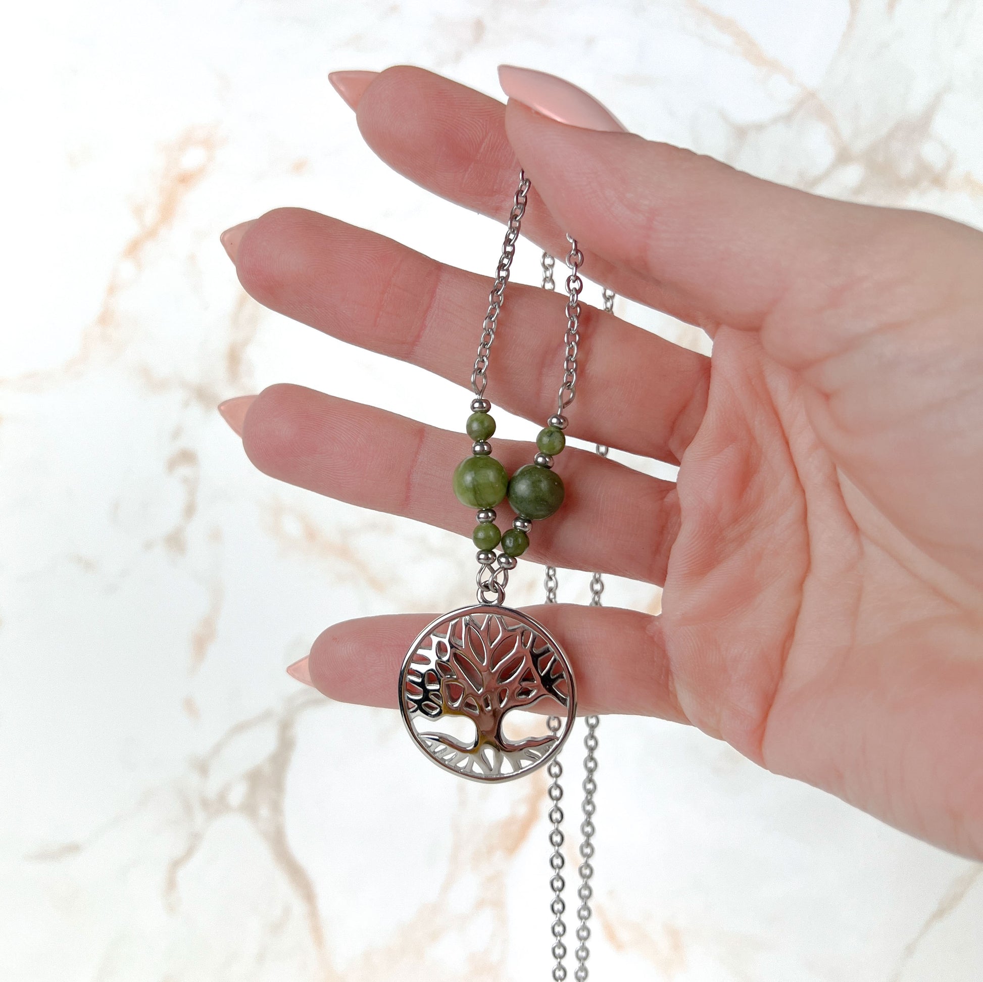 Tree of life pendant necklace, Green Jade beads and stainless steel Baguette Magick
