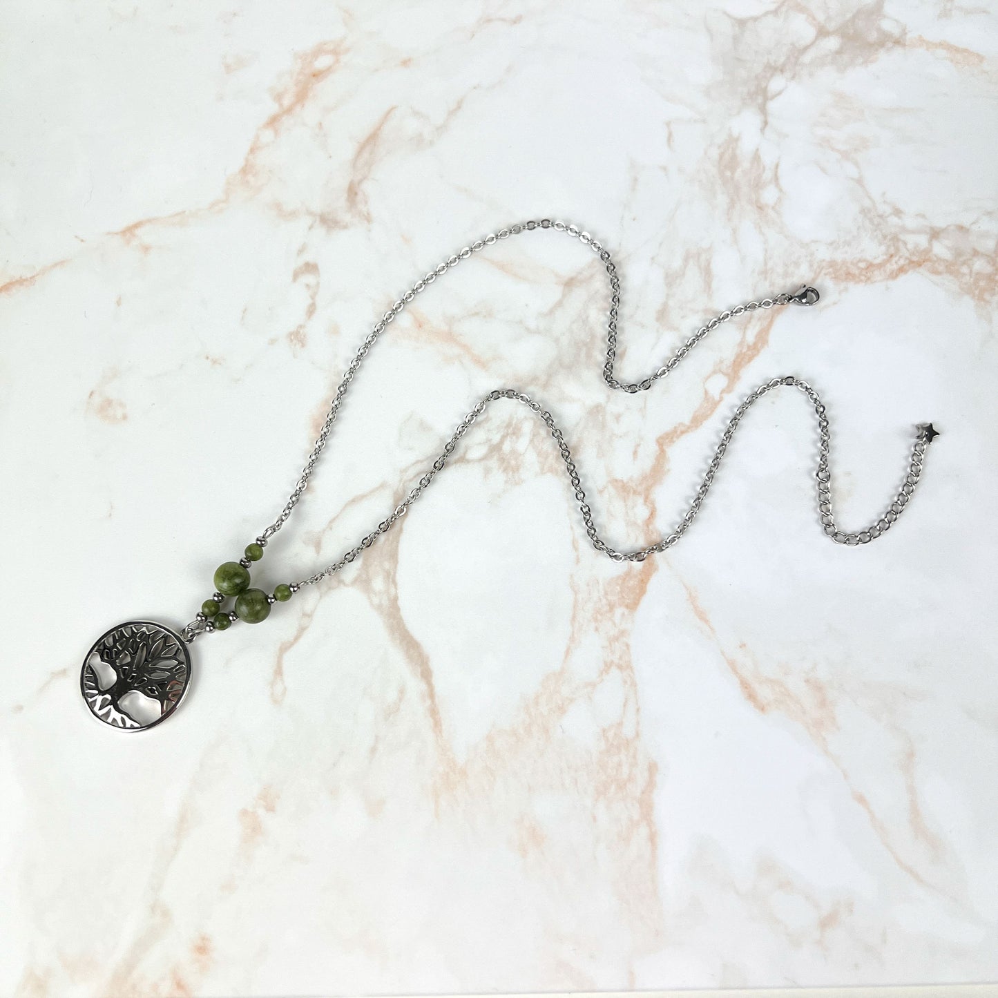 Tree of life pendant necklace, Green Jade beads and stainless steel Baguette Magick