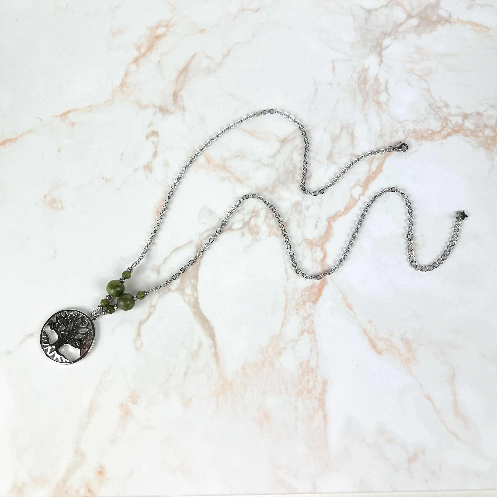 Tree of life pendant necklace, Green Jade beads and stainless steel Baguette Magick