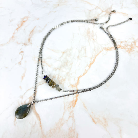 Set of two labradorite layered necklaces in stainless steel Baguette Magick