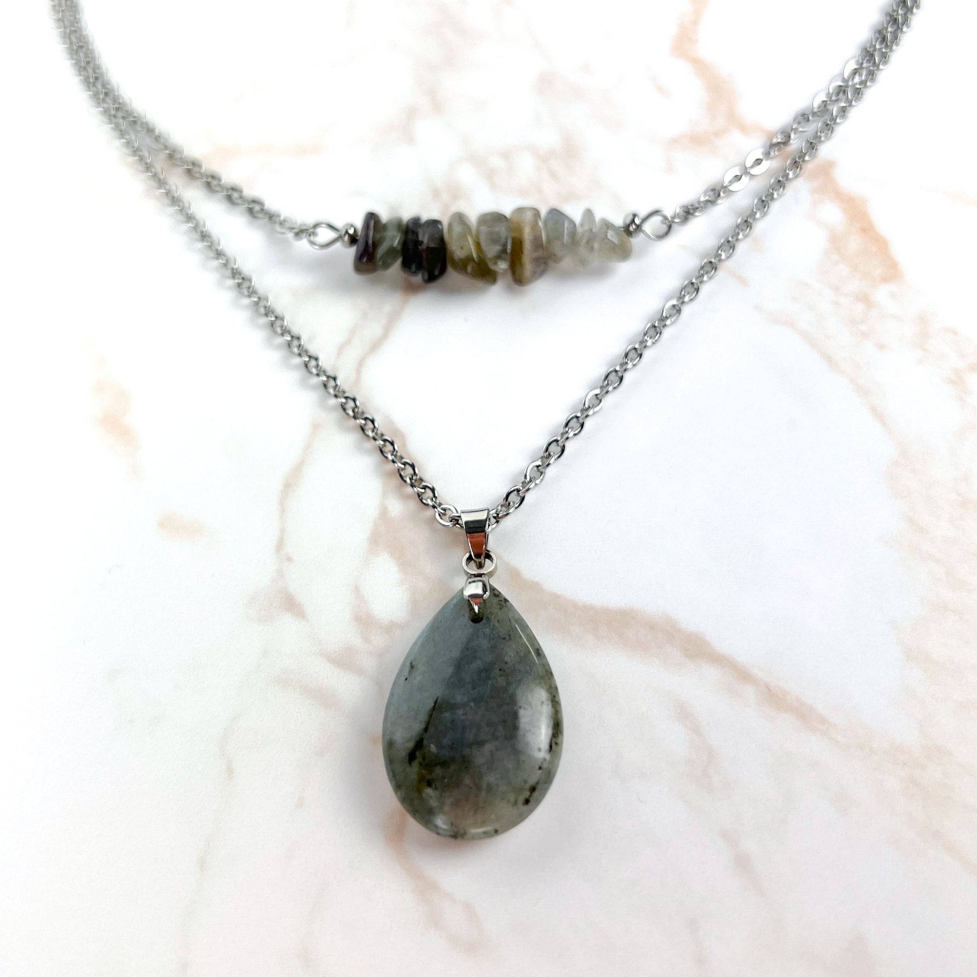 Set of two labradorite layered necklaces in stainless steel Baguette Magick