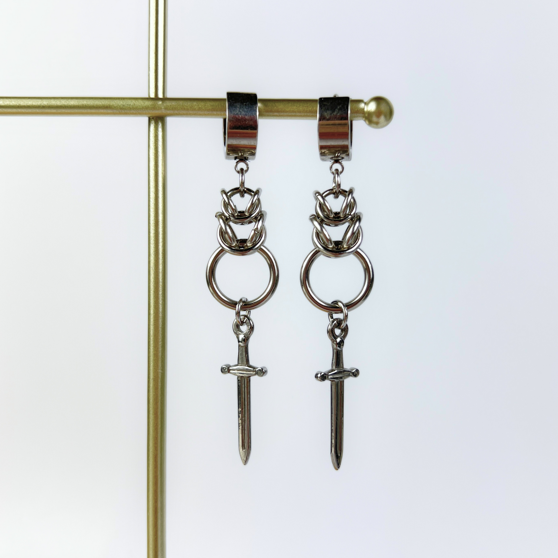 Dagger and Byzantine chainmail earrings Baguette Magick