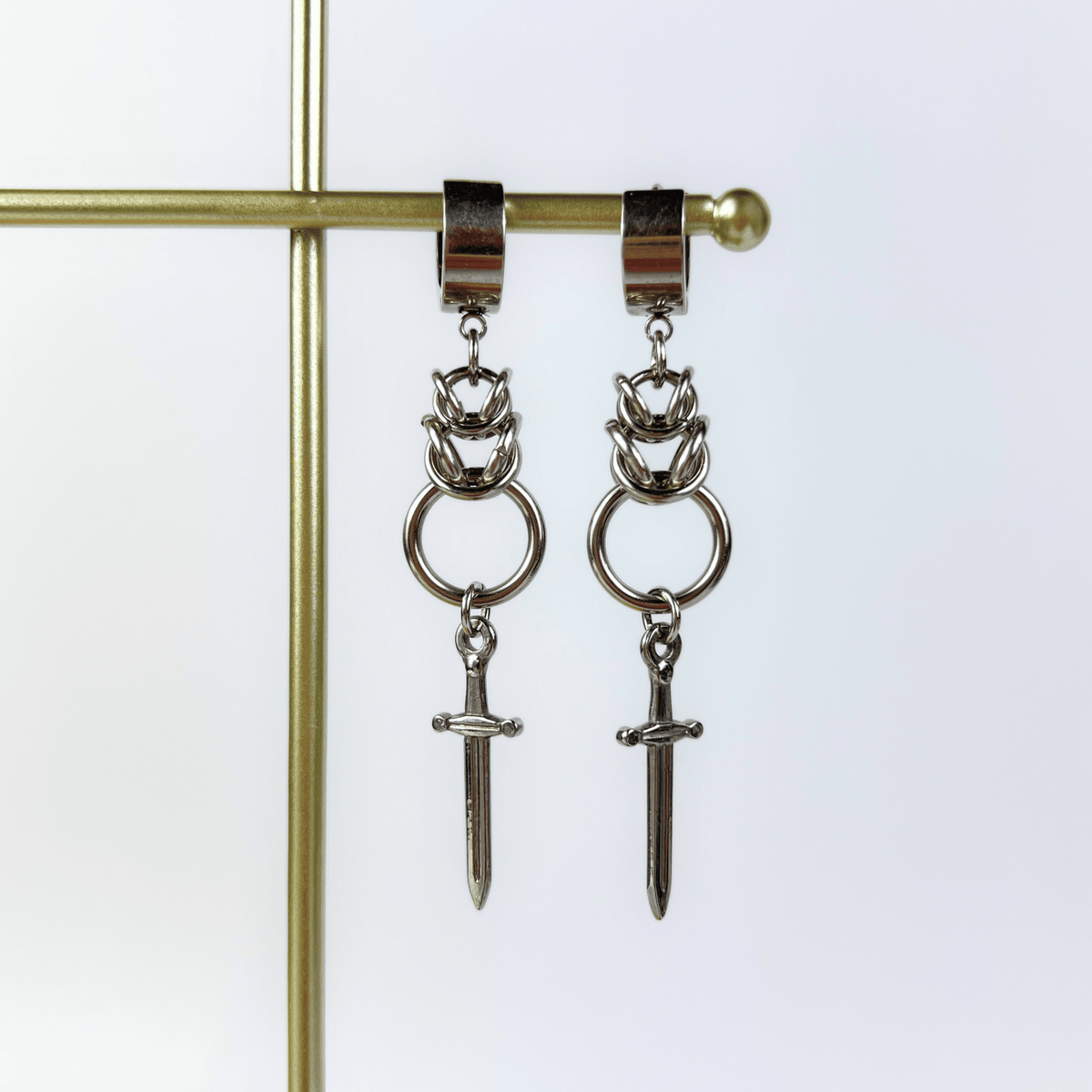 Dagger and Byzantine chainmail earrings Baguette Magick