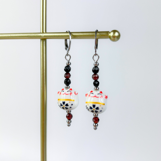Maneki Neko Earrings, Onyx & Garnet