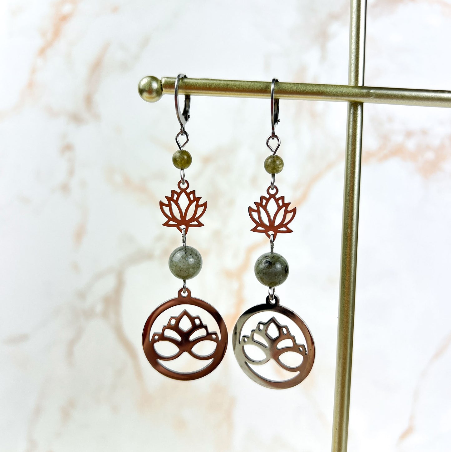 Stainless steel lotus flower and labradorite earrings Baguette Magick