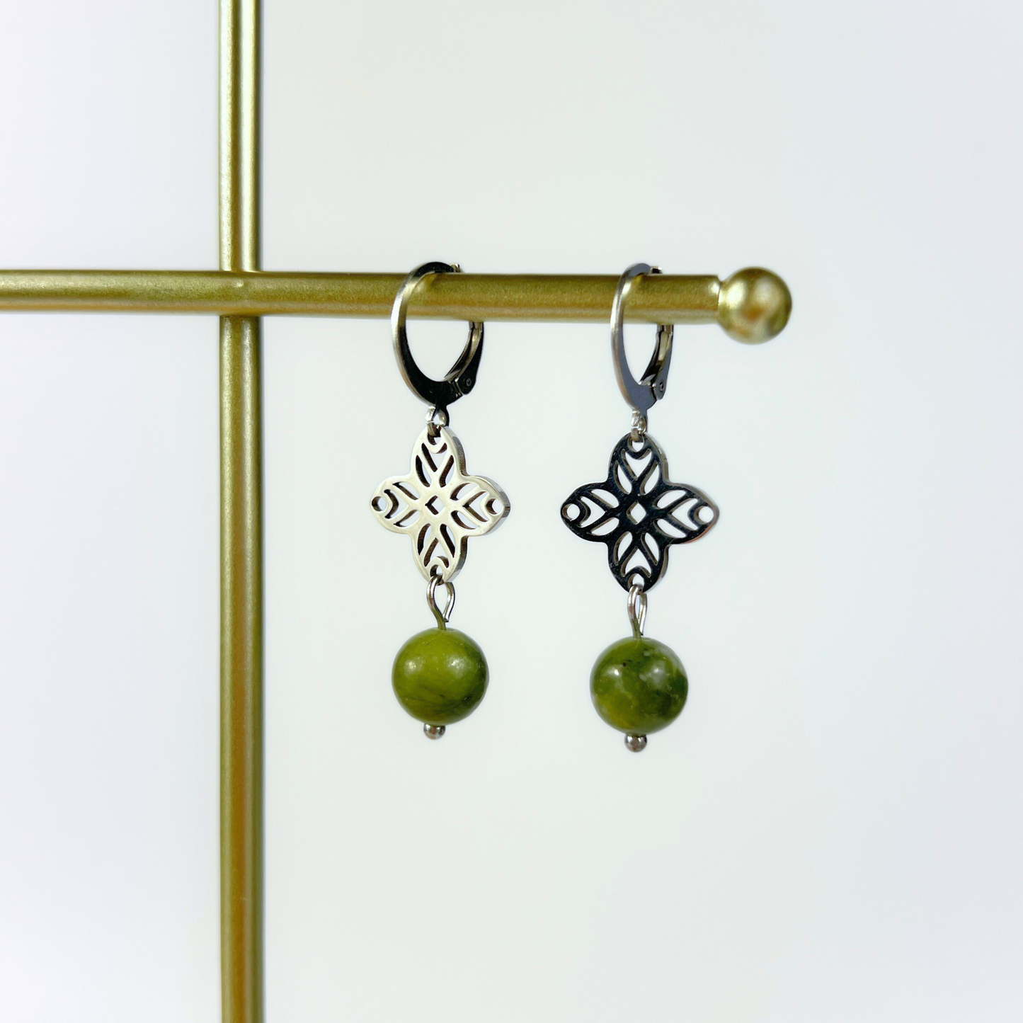 Art deco green jade earrings, floral mandala Baguette Magick