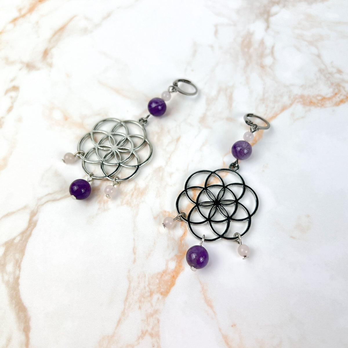 Big flower of life, rose quartz, and amethyst earrings Baguette Magick