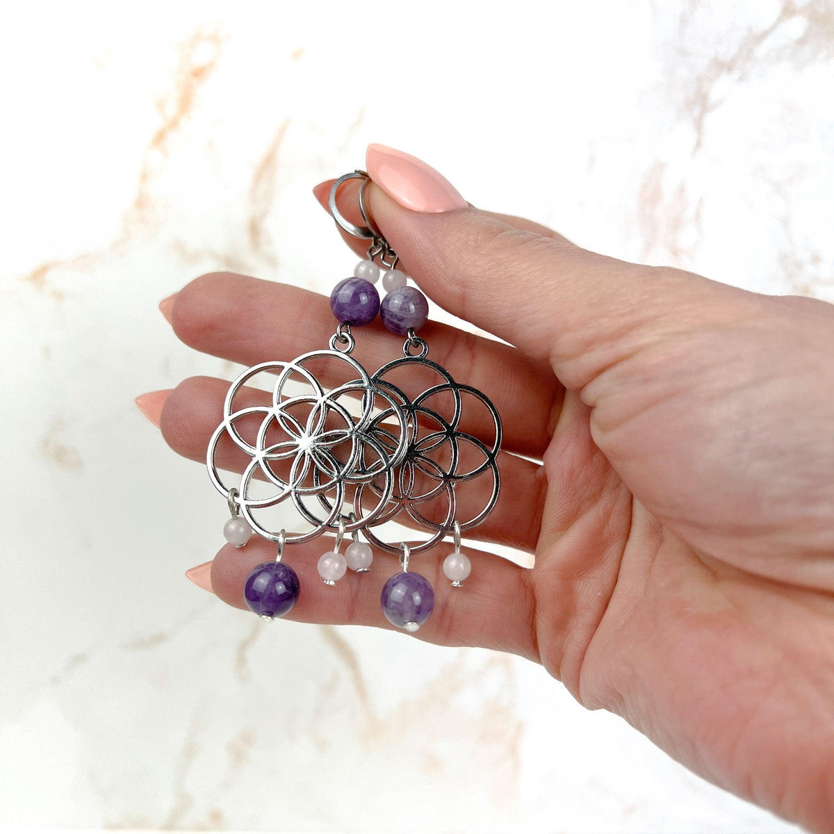 Big flower of life, rose quartz, and amethyst earrings Baguette Magick