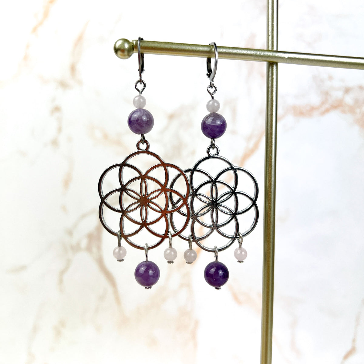 Big flower of life, rose quartz, and amethyst earrings Baguette Magick