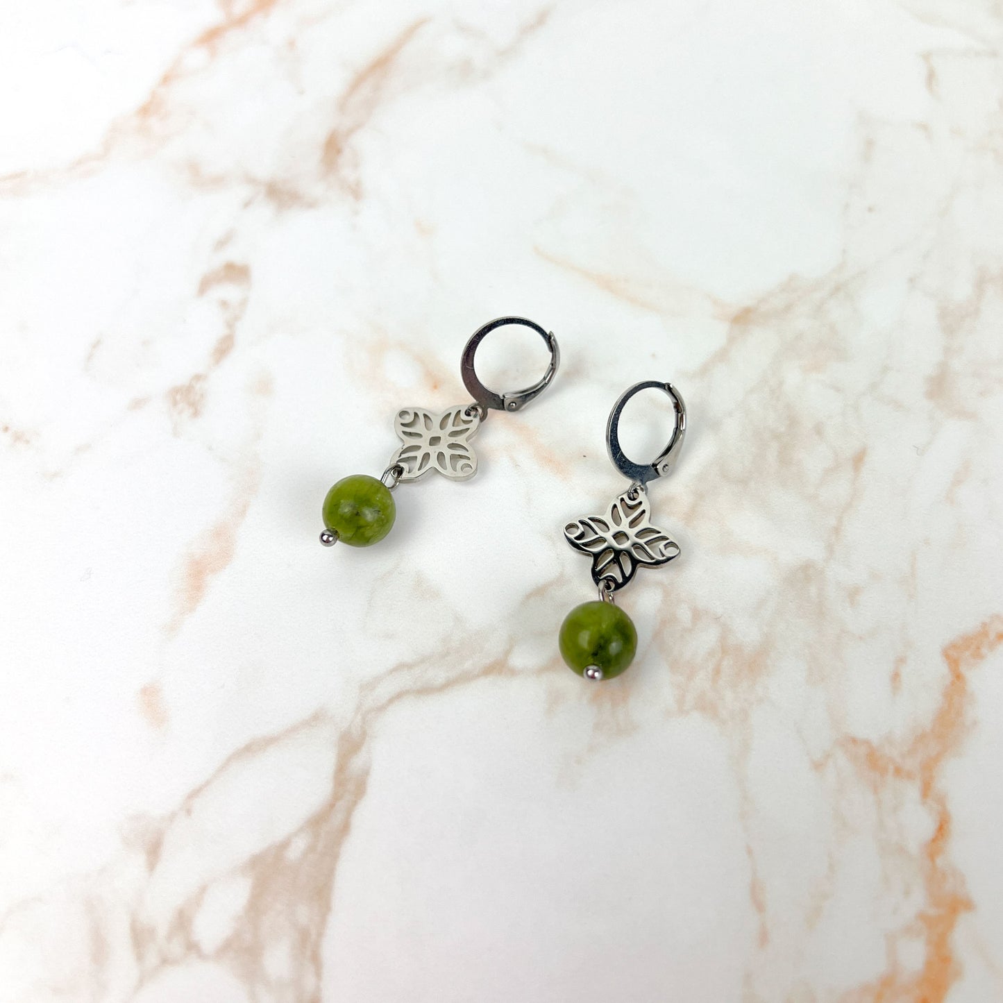 Art deco green jade earrings, floral mandala, stainless steel Baguette Magick