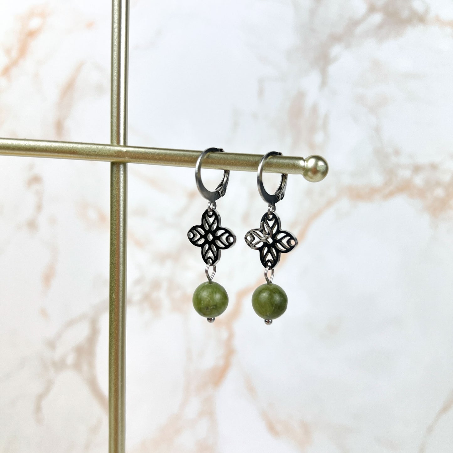 Art deco green jade earrings, floral mandala, stainless steel Baguette Magick