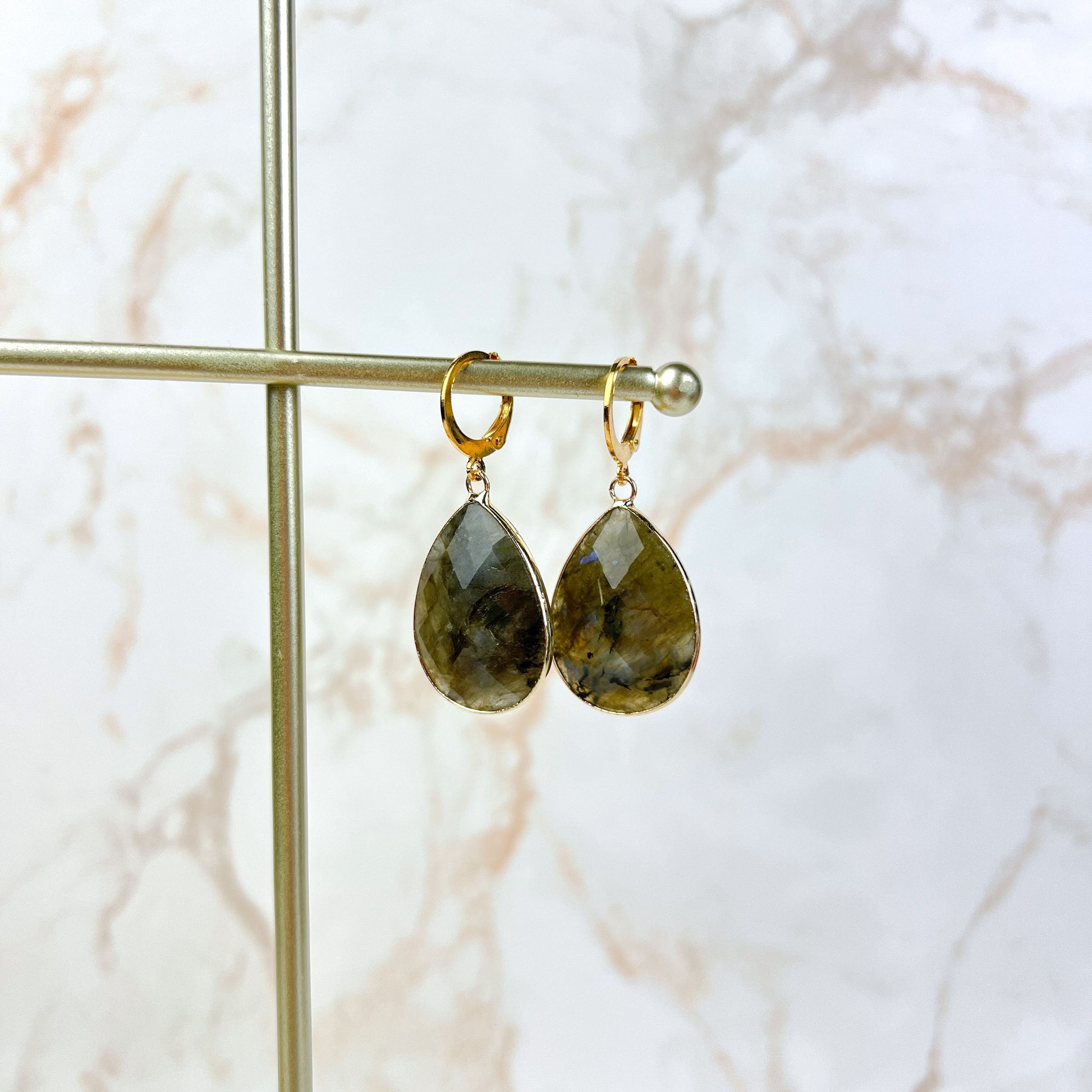 Faceted Labradorite gemstone golden earrings Baguette Magick