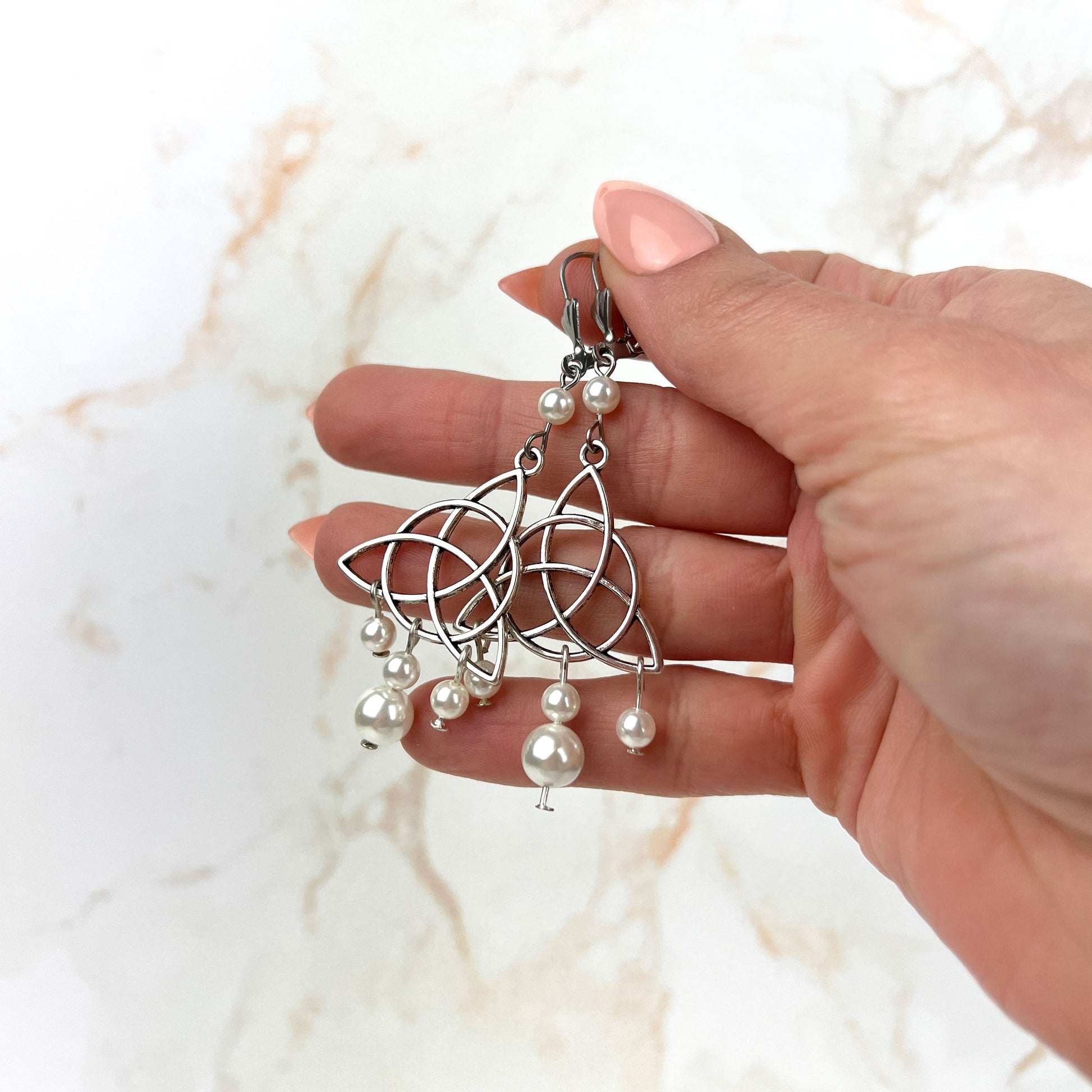 Victorian Edwardian triquetra and pearls teardrop earrings Baguette Magick