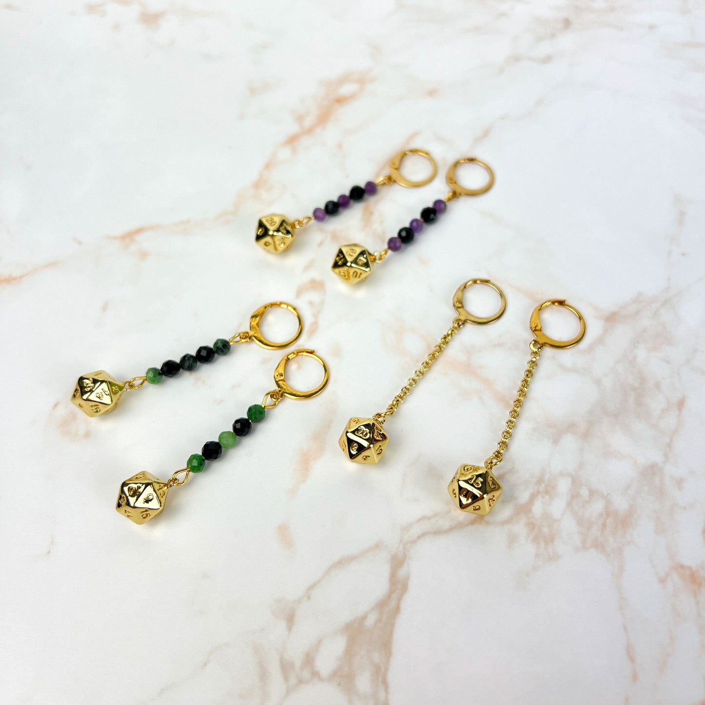 D20 dice roleplay earrings, stainless steel, 18k plated and gemstones Baguette Magick