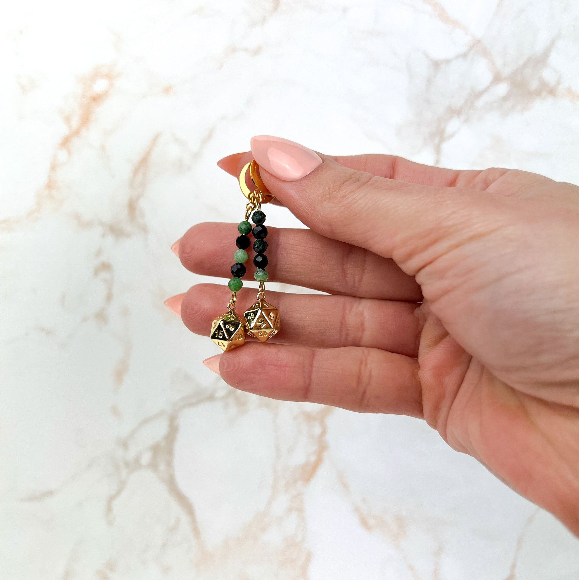 D20 dice roleplay earrings, stainless steel, 18k plated and gemstones Baguette Magick