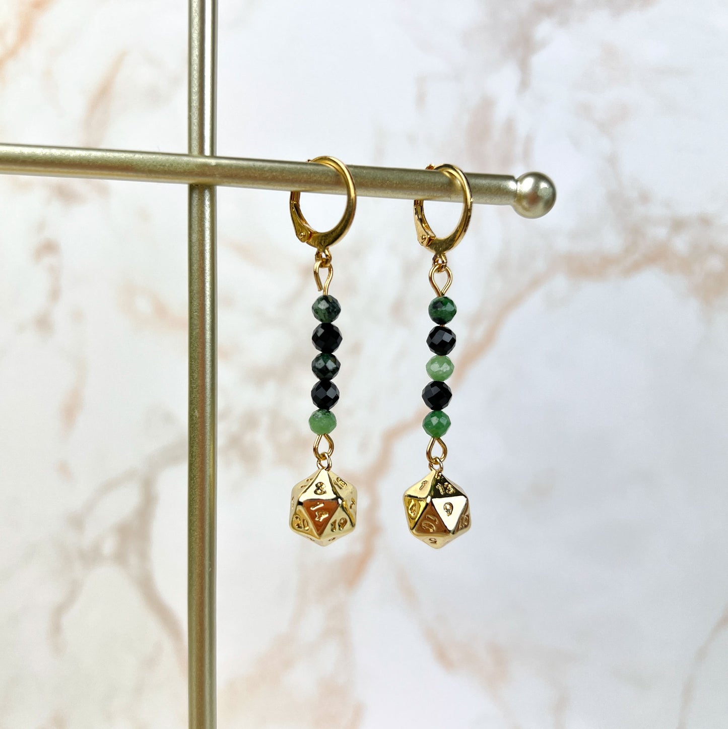 D20 dice roleplay earrings, stainless steel, 18k plated and gemstones Baguette Magick