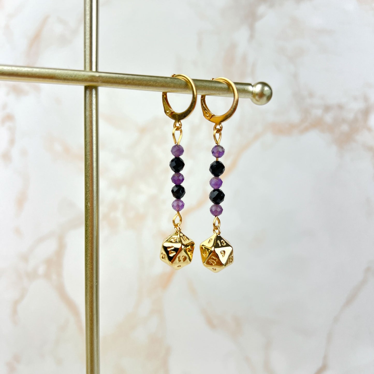 D20 dice roleplay earrings, stainless steel, 18k plated and gemstones Baguette Magick