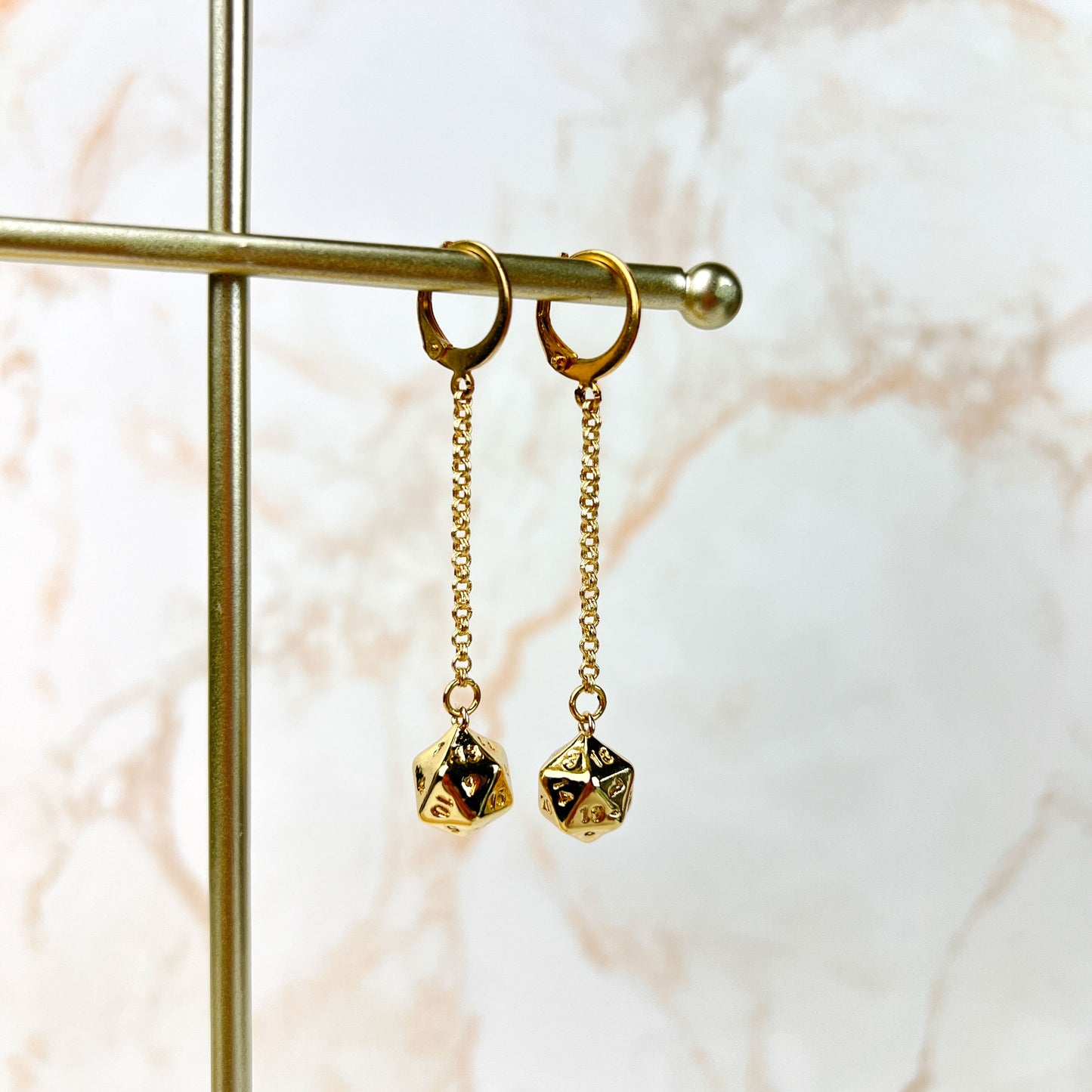 D20 dice roleplay earrings, stainless steel, 18k plated and gemstones Baguette Magick