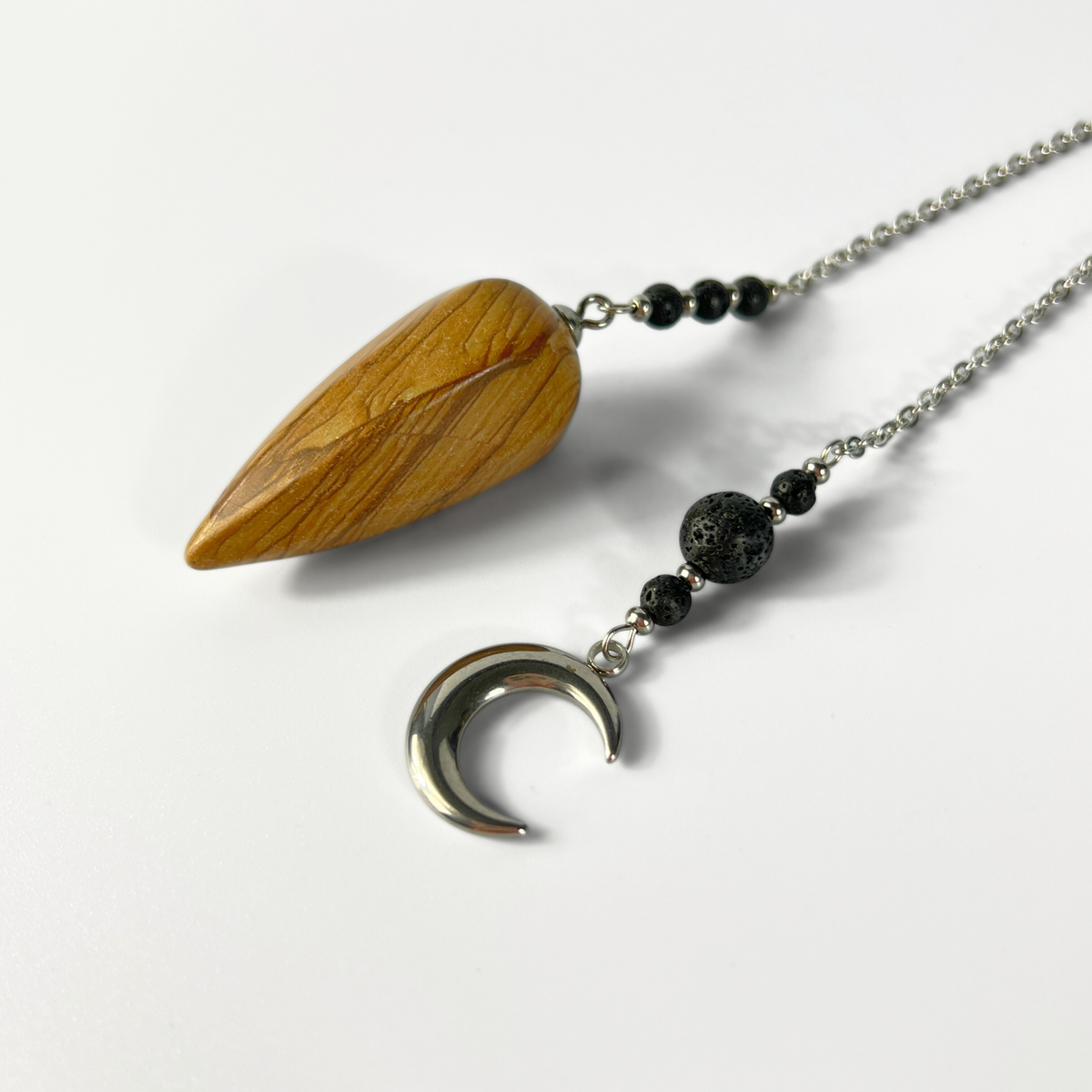 Picture jasper, lava rock and Moon crescent pendulum Baguette Magick