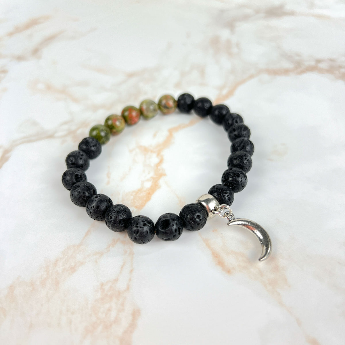 Unakite and lava mala beaded bracelet with a crescent Moon charm Baguette Magick