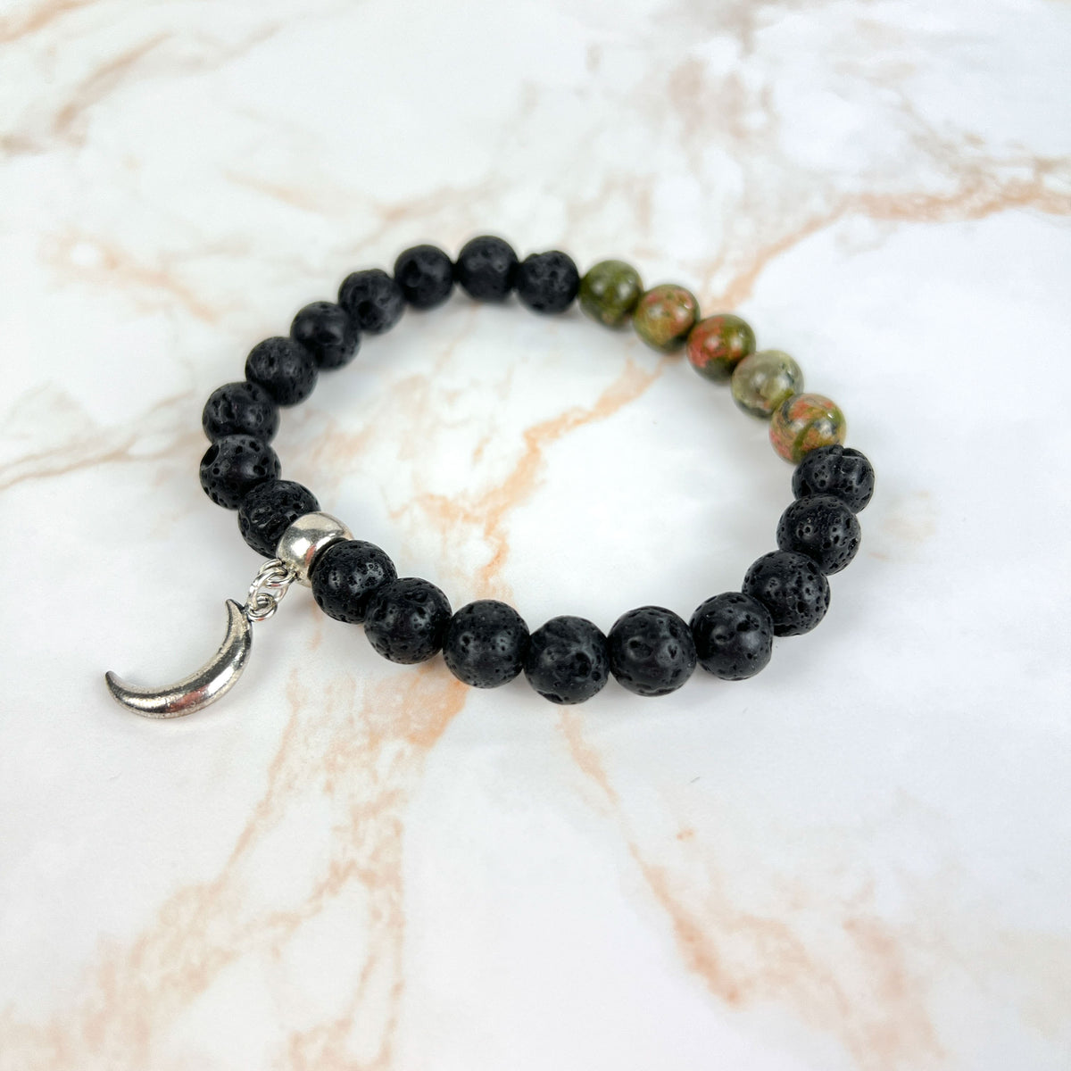 Unakite and lava mala beaded bracelet with a crescent Moon charm Baguette Magick
