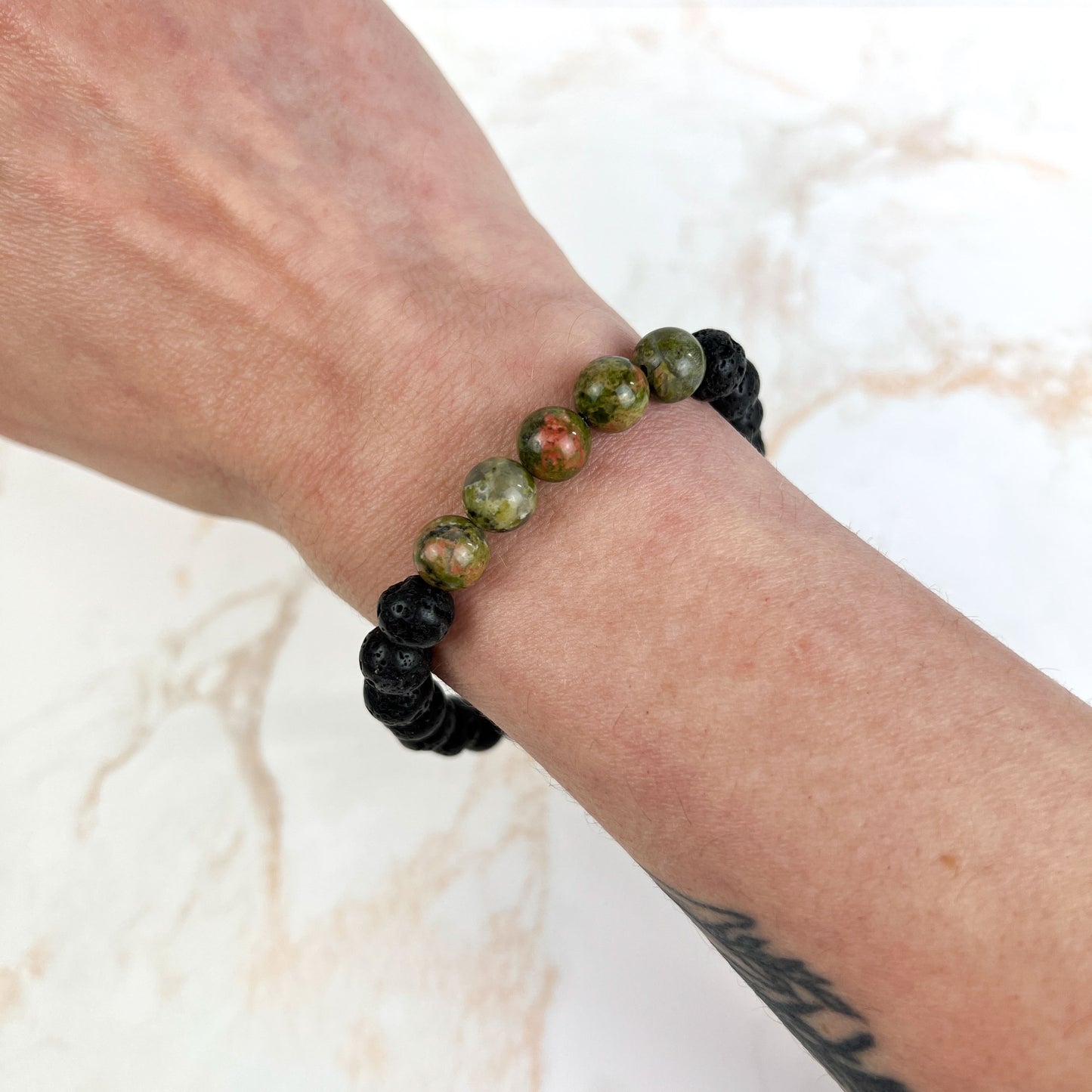 Unakite and lava mala beaded bracelet with a crescent Moon charm Baguette Magick