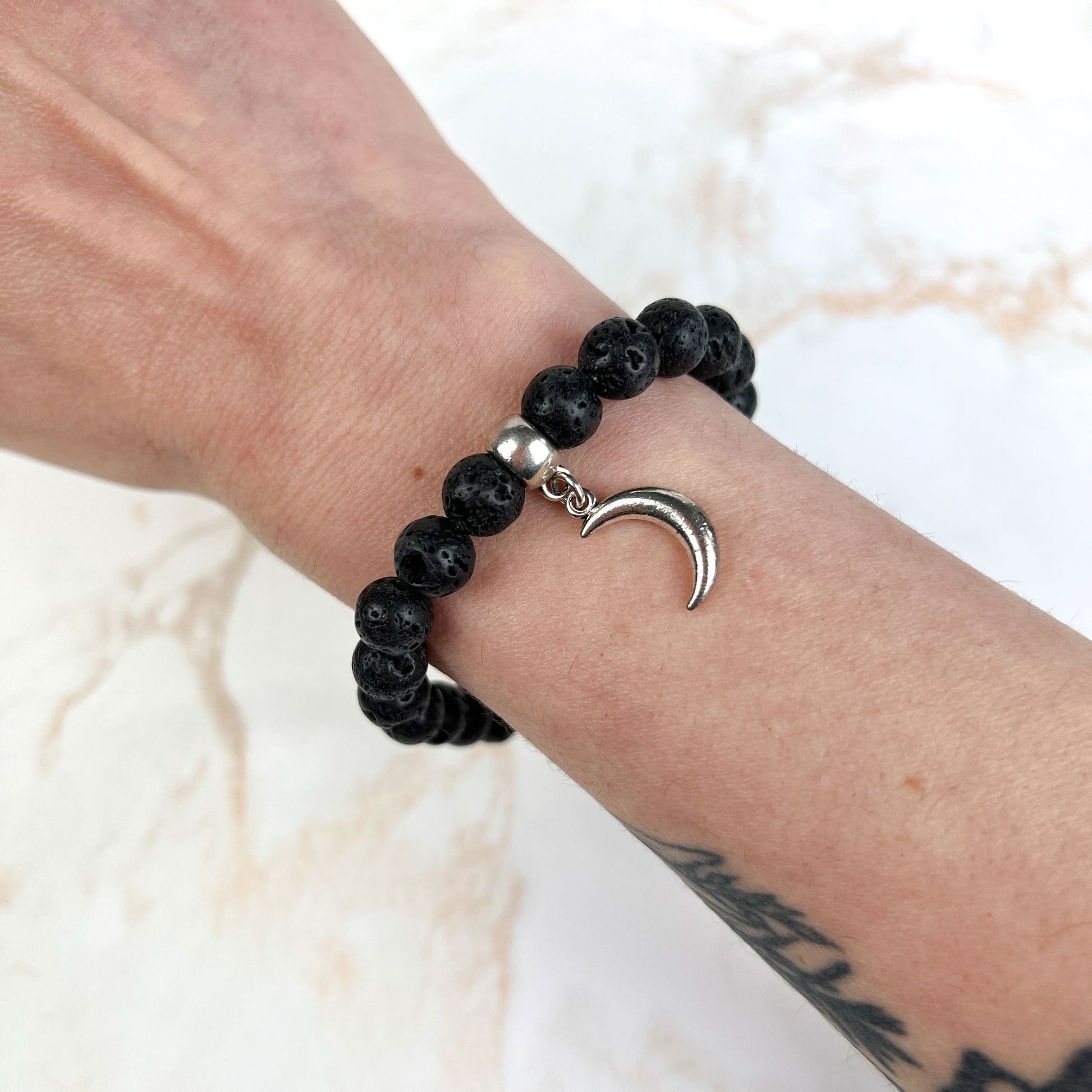 Unakite and lava mala beaded bracelet with a crescent Moon charm Baguette Magick