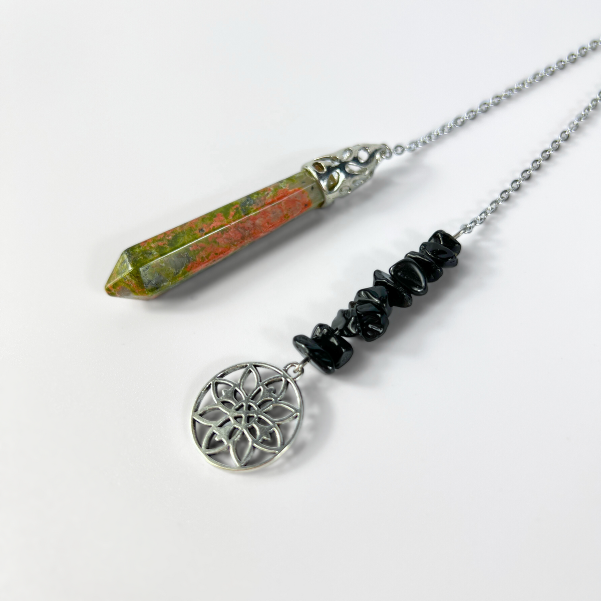 Pendule fleur géométrique perles unakite et obsidienne