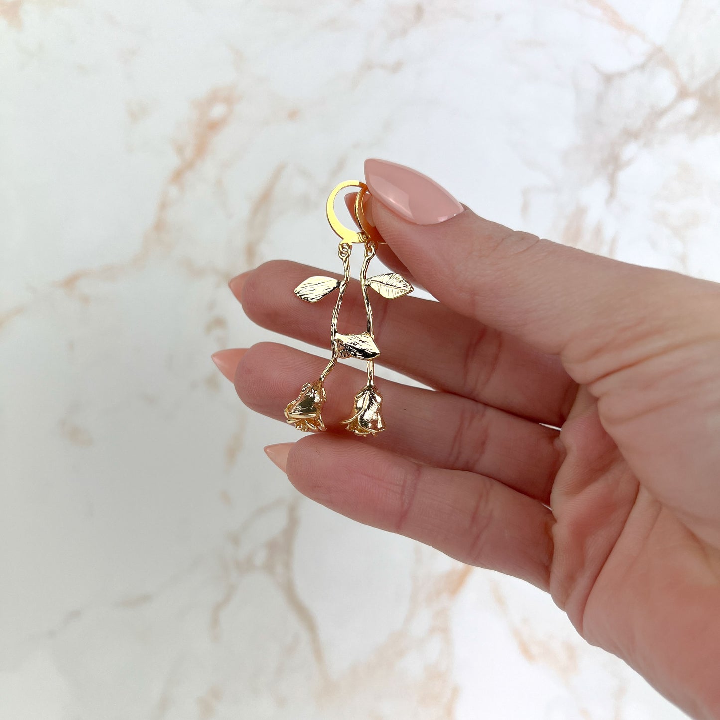 Whimsical fairy tale roses earrings gold plated and stainless steel Baguette Magick