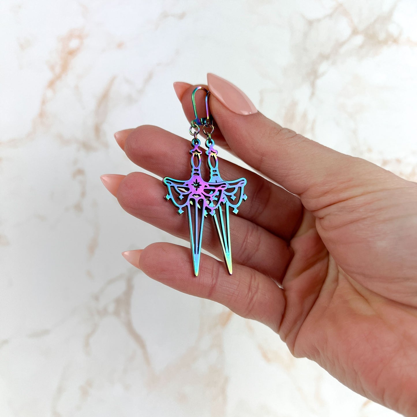 Athame dagger earrings, rainbow stainless steel Baguette Magick