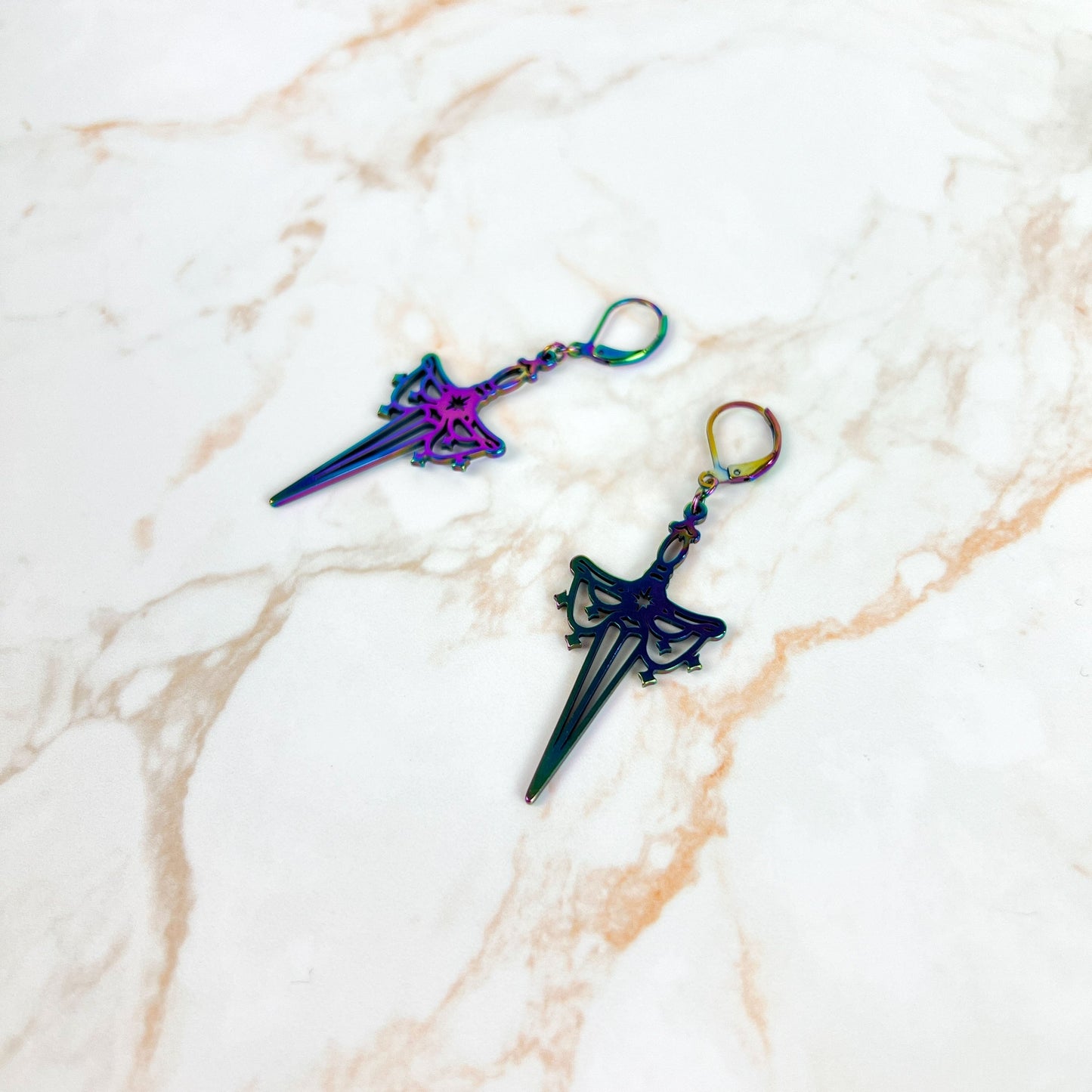 Athame dagger earrings, rainbow stainless steel Baguette Magick