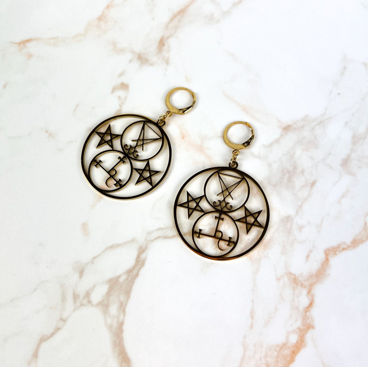 Golden Luciferian earrings, Lilith and Lucifer sigils, inverted pentacle, made of stainless steel Baguette Magick